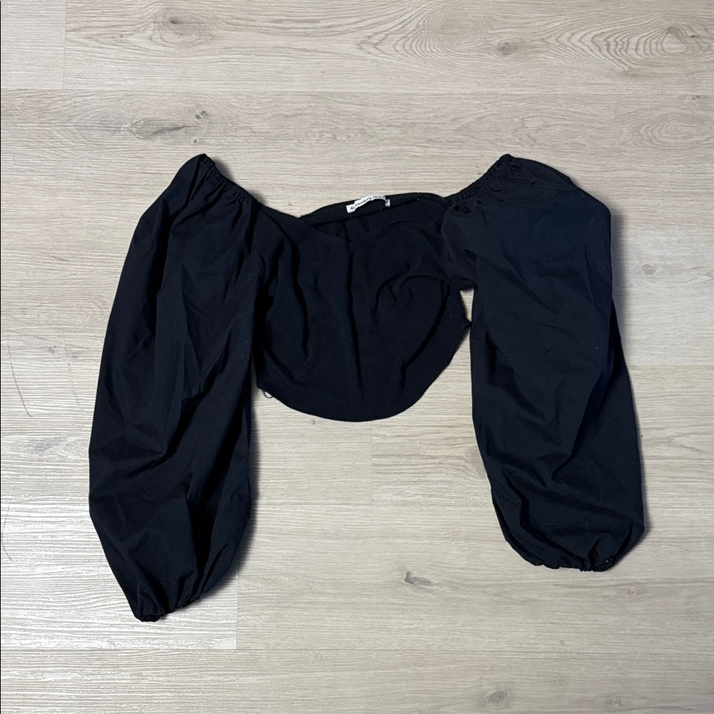 Abercrombie & Fitch Black Ribbed Cropped Balloon Long Sleeve Top